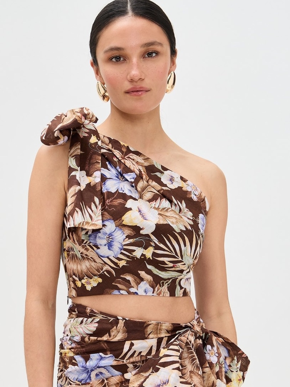 Zimmermann Brown Tropical Print One-Shoulder Crop Top